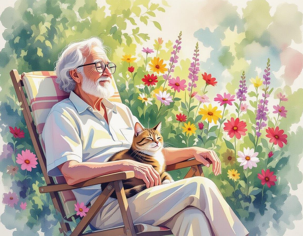 Watercolor Woman Finding Inner Peace in Flowerscape