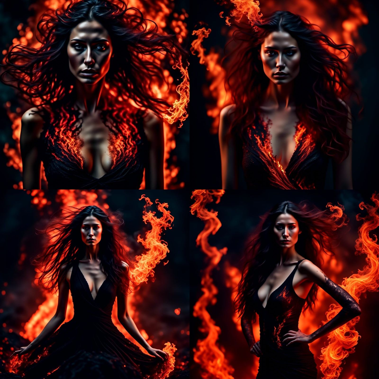 Beautiful long haired woman whose hair is made out of fire