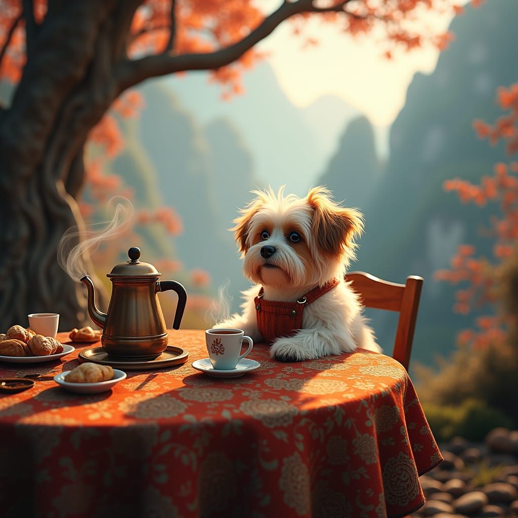 Whimsical Havanese Dog Enjoying Coffee, Digital Matte Painti...