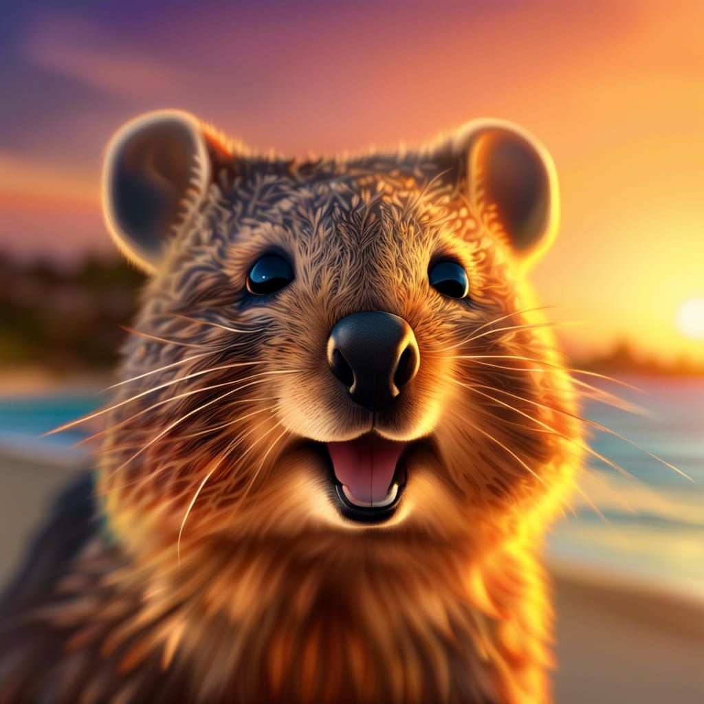 Smiling Quokka on a Sunset Beach: Hyperrealistic Splash Art