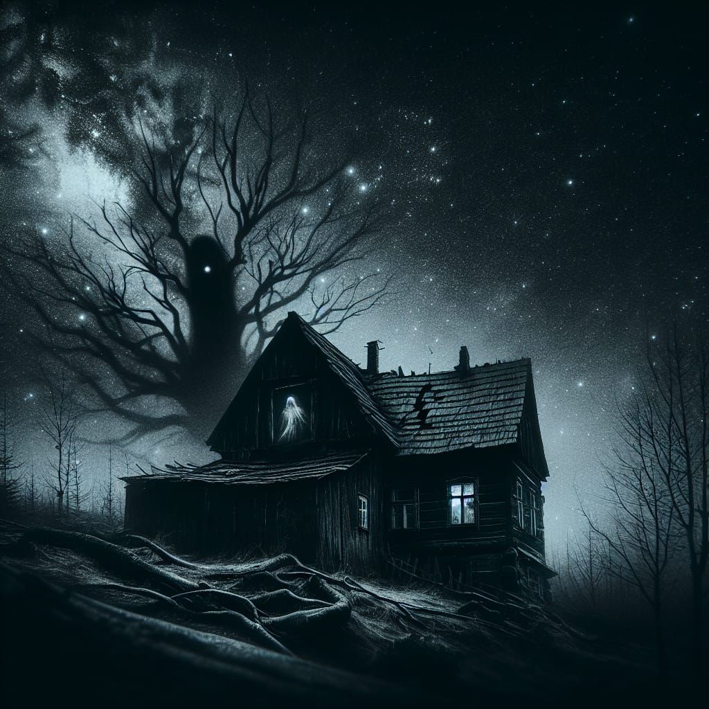 Eerie Dilapidated House with Ghost in Window