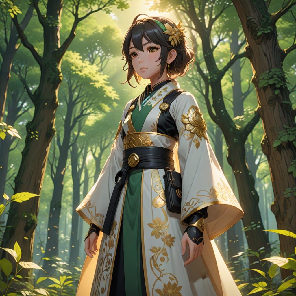 Young Girl in Sun-Dappled Forest, 3D Anime Art