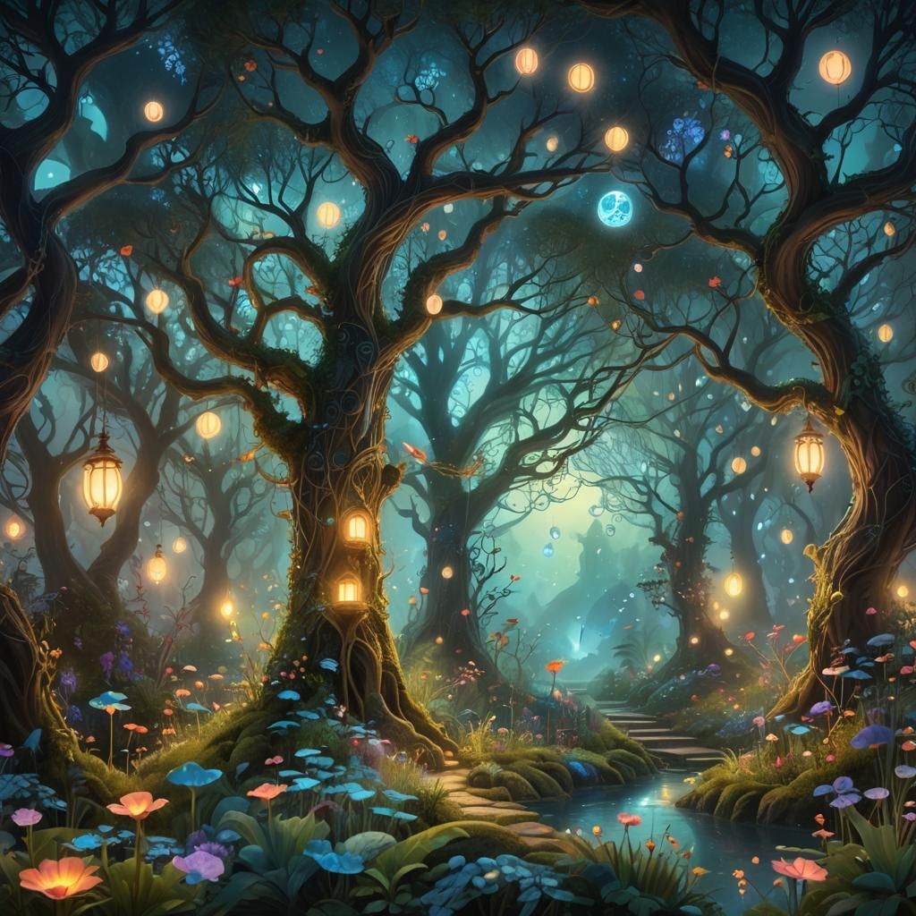 Mystical Forest Garden at Twilight: Fantasy Landscape