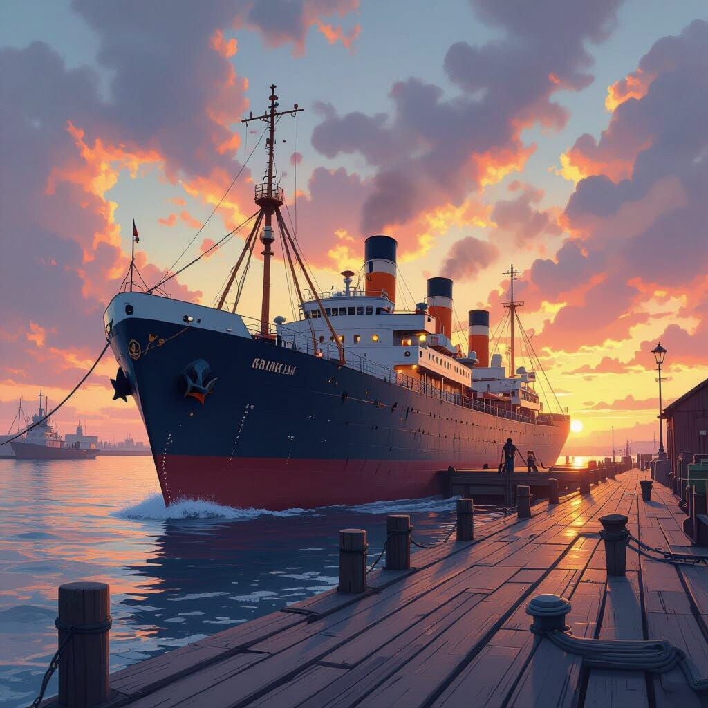 1950s Liverpool Merchant Ship at Sunrise in Watercolor