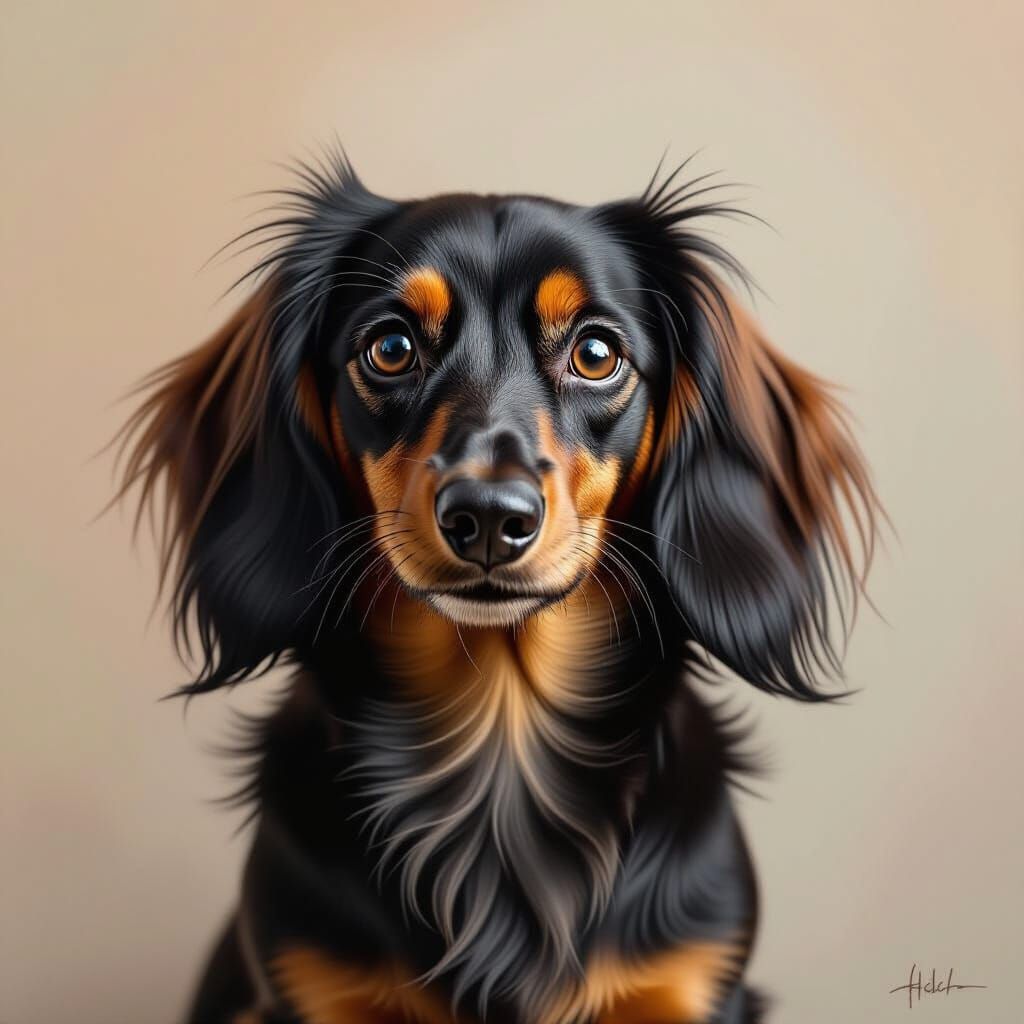 Long-Haired Dachshund Portrait in Nostalgic Painterly Style