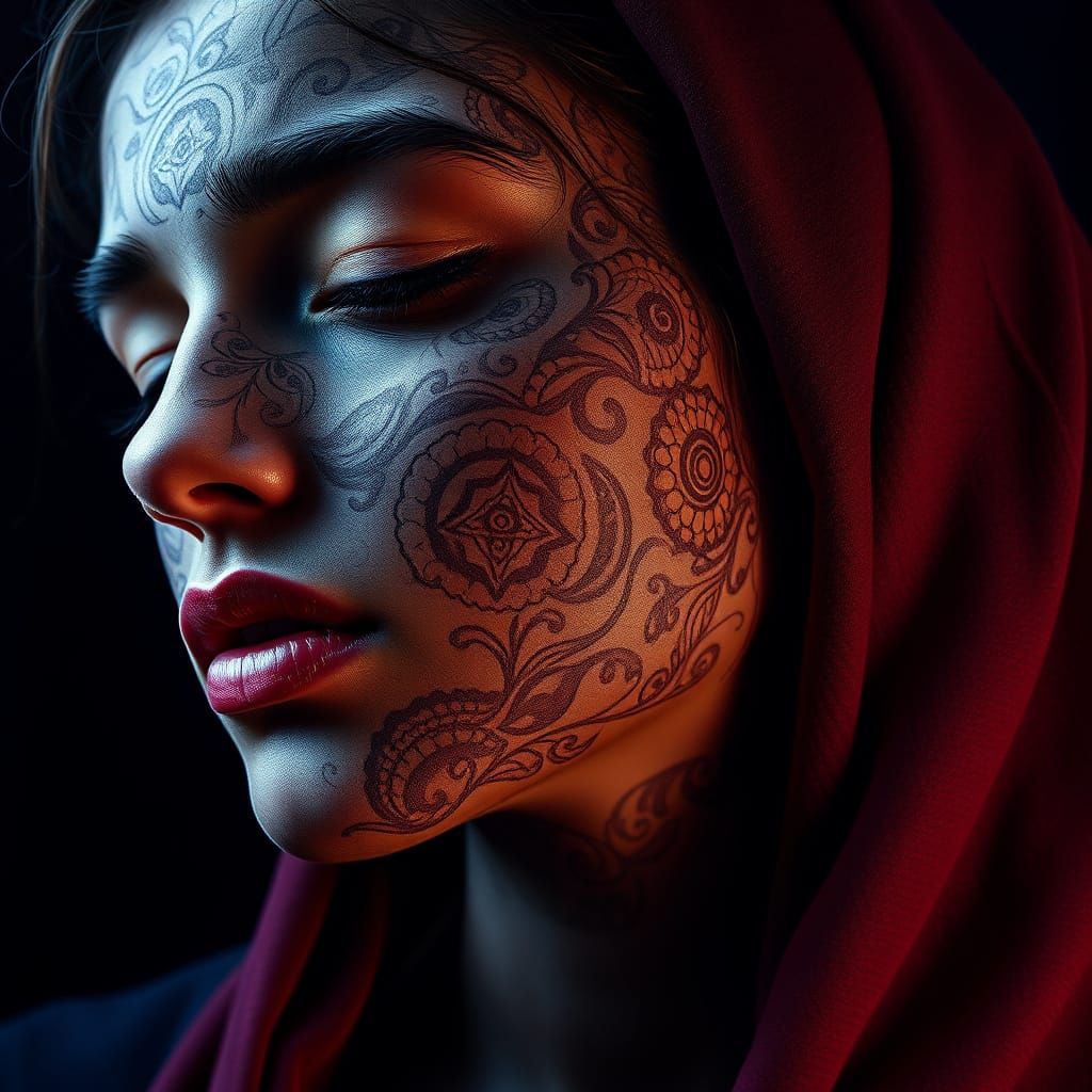 Psychedelic Cashmere Patterns on Woman's Face
