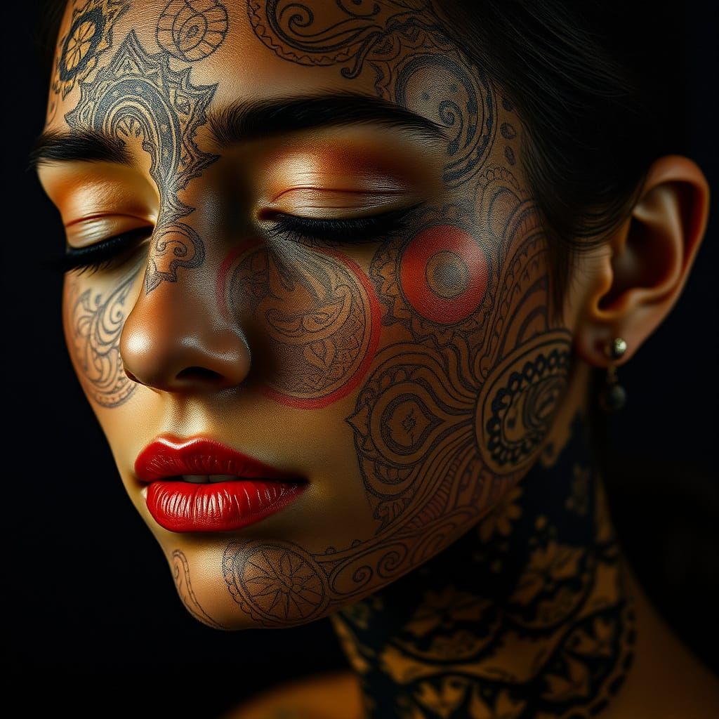Woman's Face Adorned with Psychedelic Cashmere Patterns