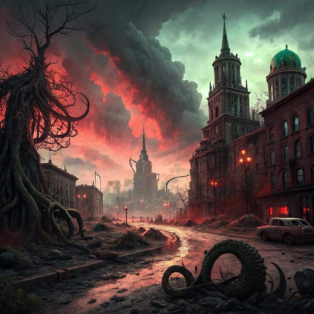 Eldritch Creatures in Post-Apocalyptic Landscape