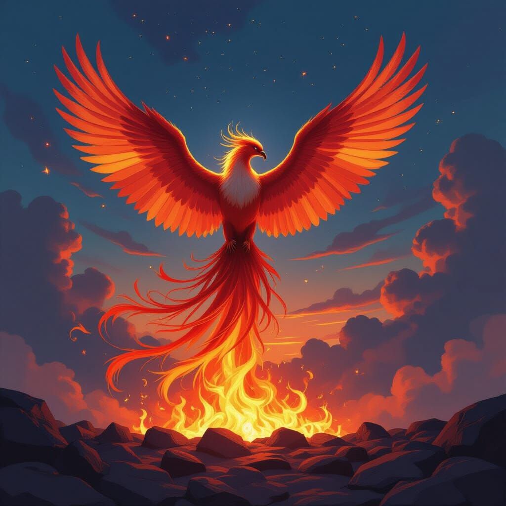 Majestic Phoenix Rises From Embers in Painterly Fantasy Styl...