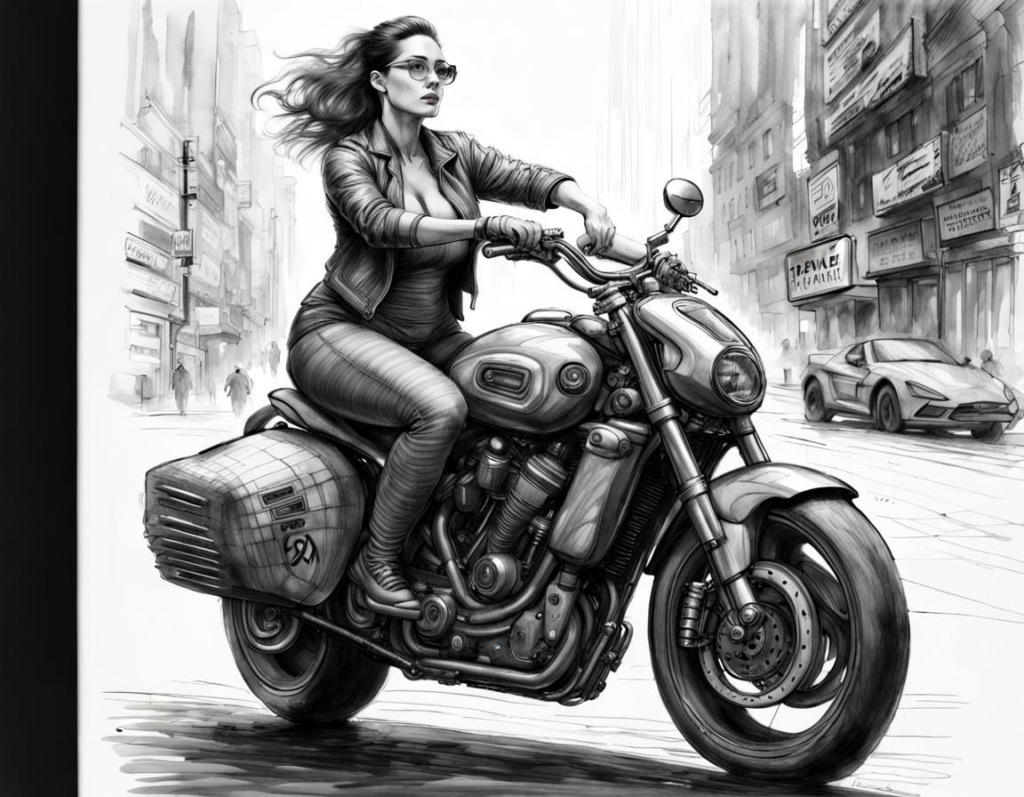 Woman on Motorcycle: Pencil Sketch in Frank Miller Style