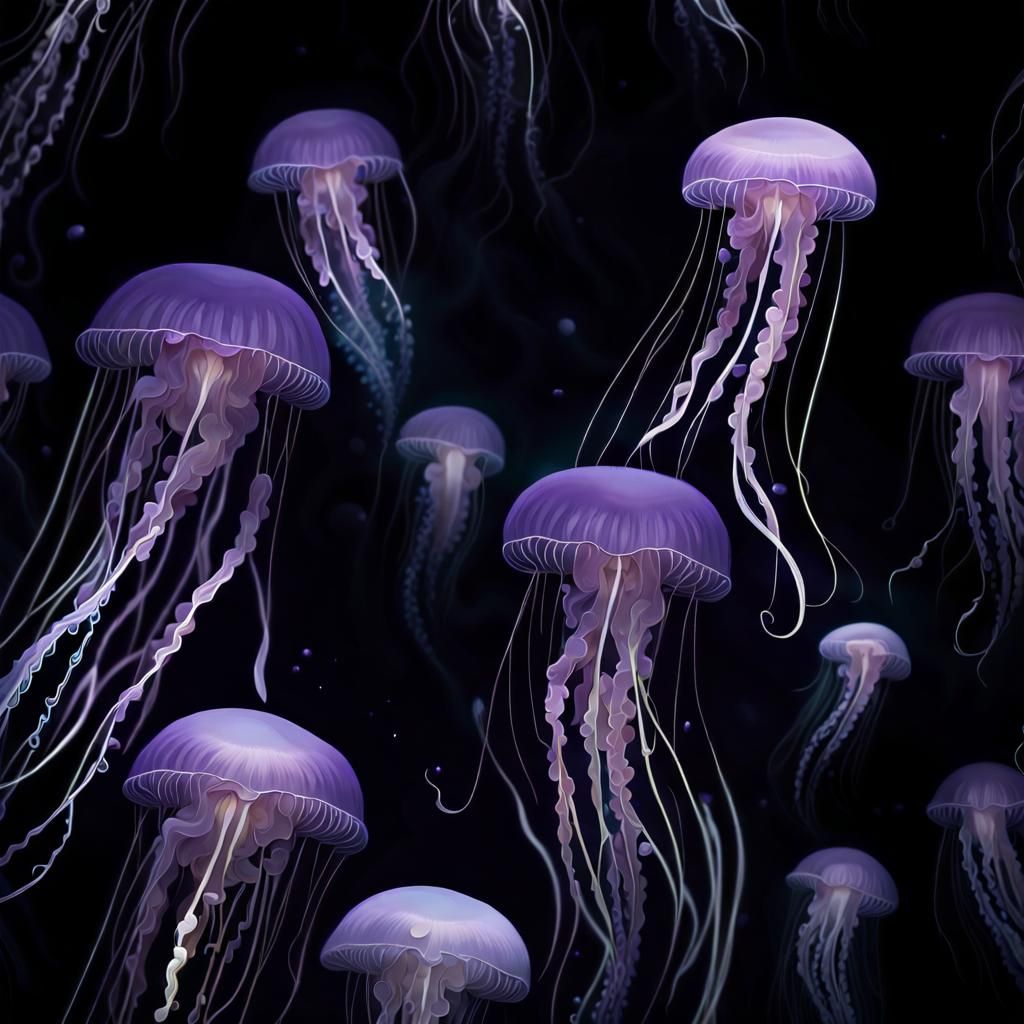Lavender jellyfish floating in a dark ocean