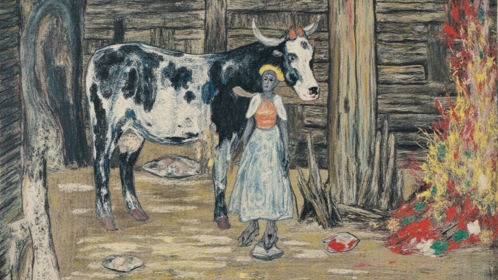 Woman Milking Cow in Jean Dubuffet Style Barn