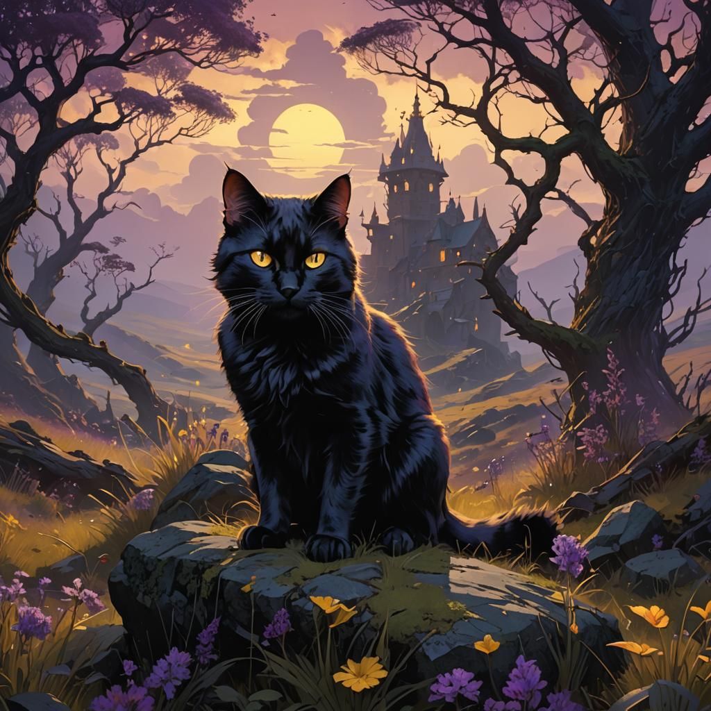 Enchanting Black Cat in Dark Fantasy Moorland