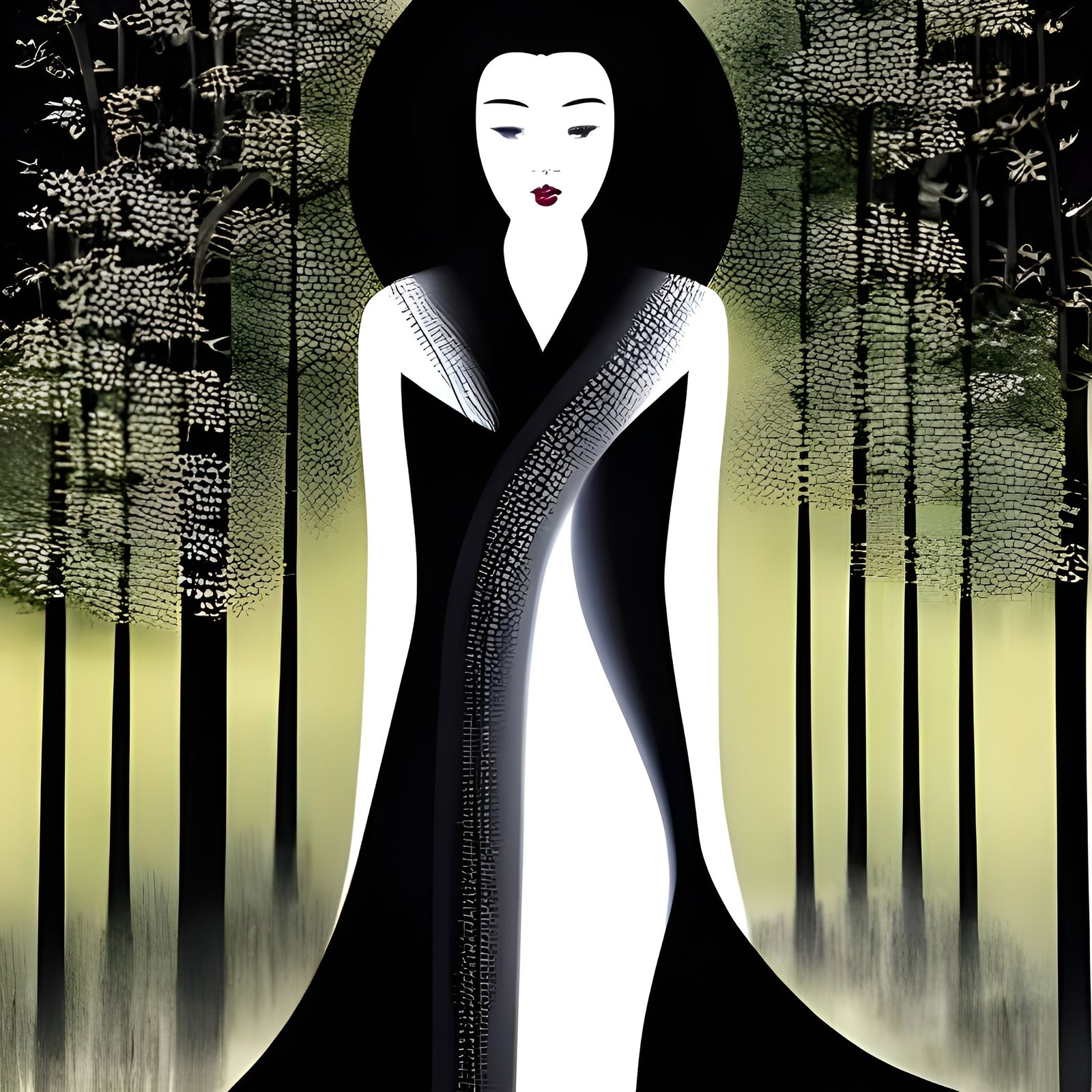 Woman in Forest: Minimalist Ink Fusion Portrait