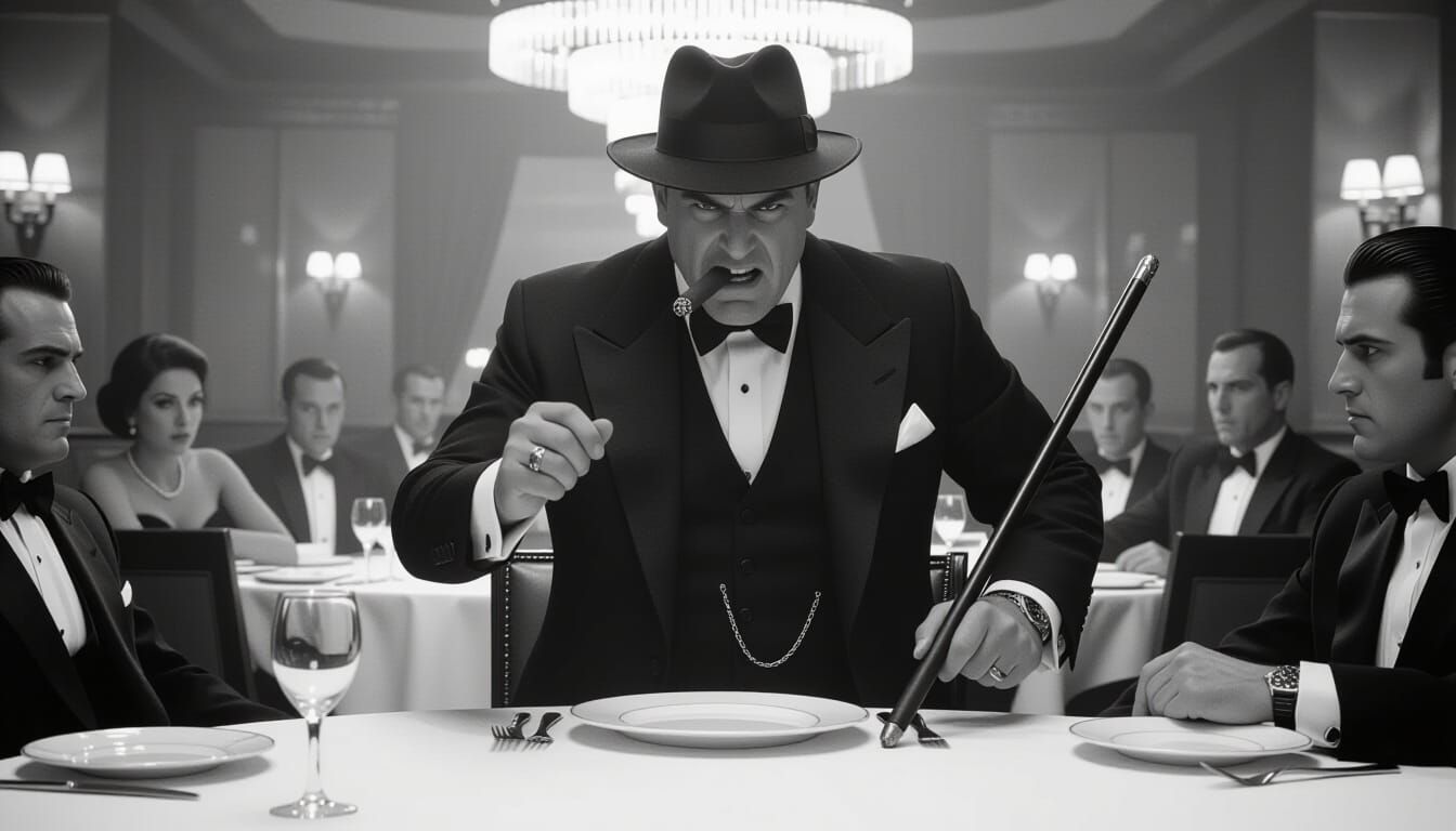 Furious Mafia Leader in Noir Style Scene