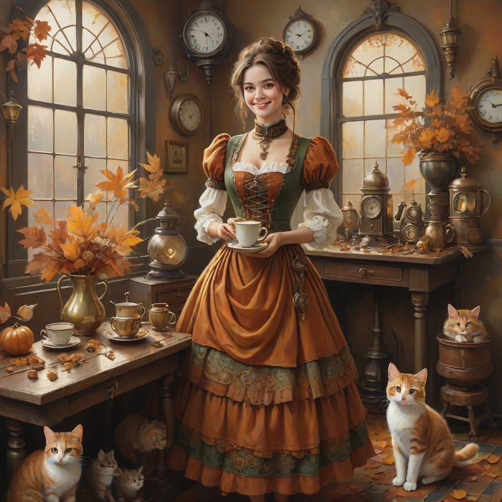 Steampunk Woman With Kittens in Cozy Autumn Interior