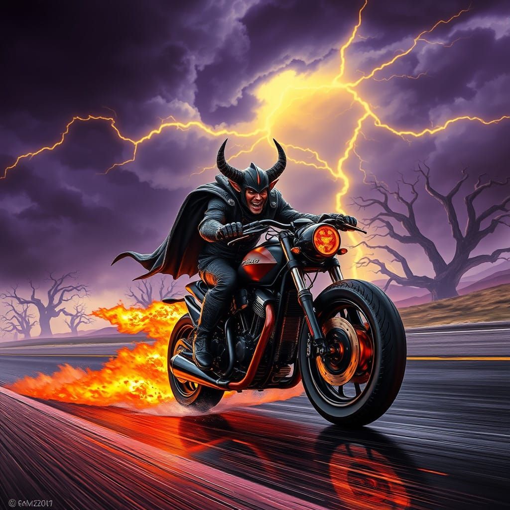 Cyberpunk Devil Rider Leaves Fiery Trail on Stormy Highway