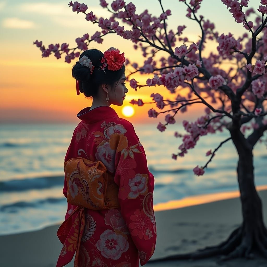 Japanese Princess in Sunset Kimono with Cherry Blossoms