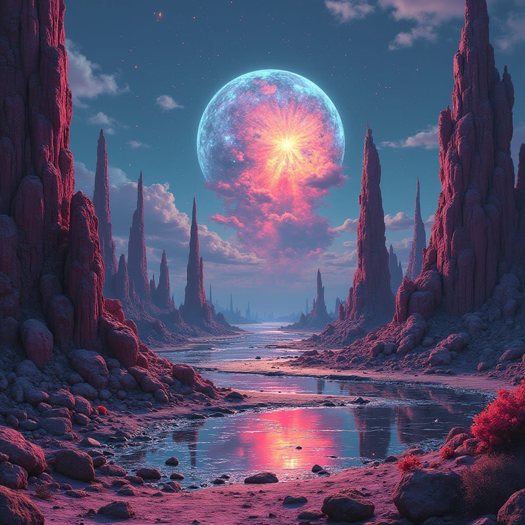 Surreal Landscape Art with Futuristic Elements