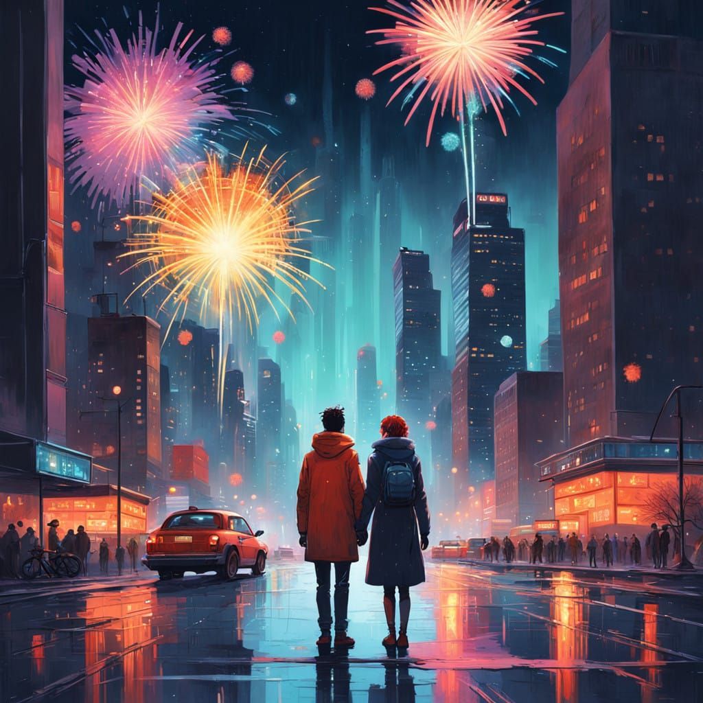 Romantic Couple Gazing Up at Fireworks Under City Skyline