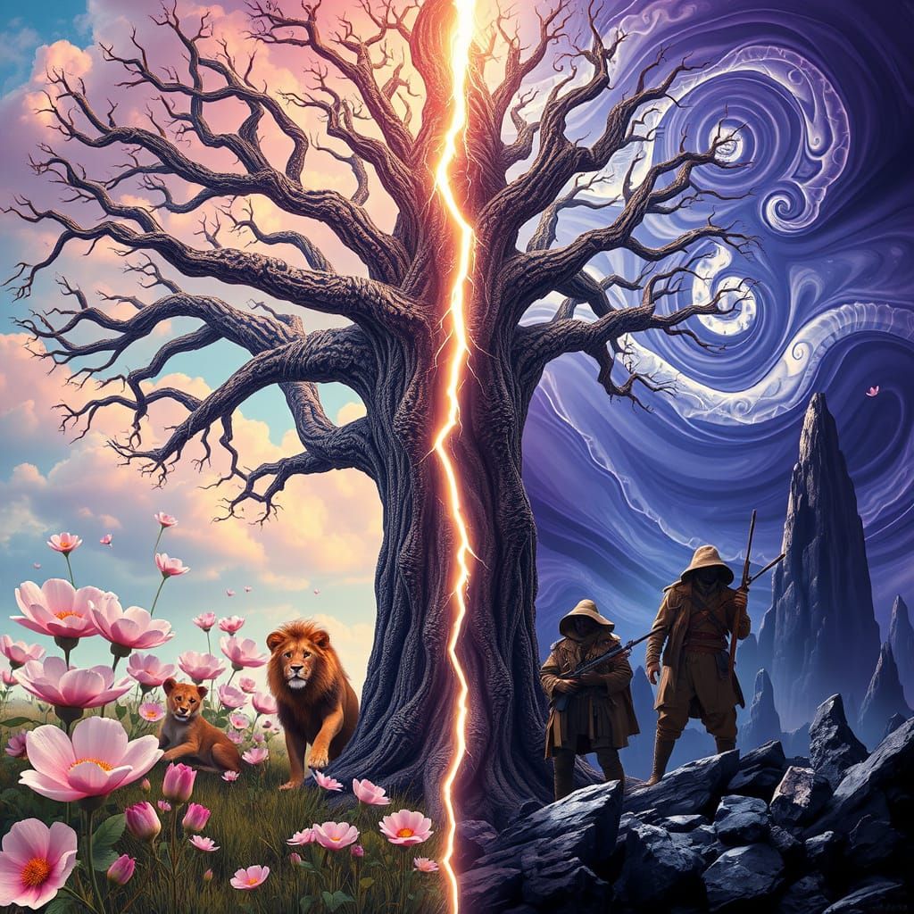 Surreal Tree Split by Lightning Reveals Two Worlds