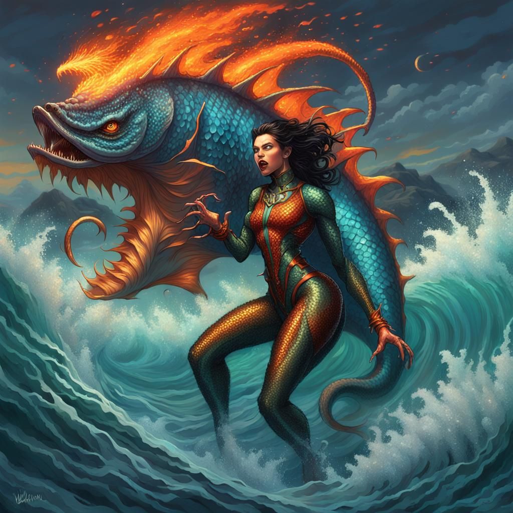 Tiefling Witch Summons Devil Fish in Cyberpunk Style