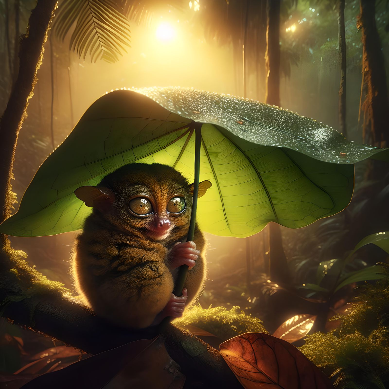 Baby Tarsier Sheltering Under Leaf During Golden Hour