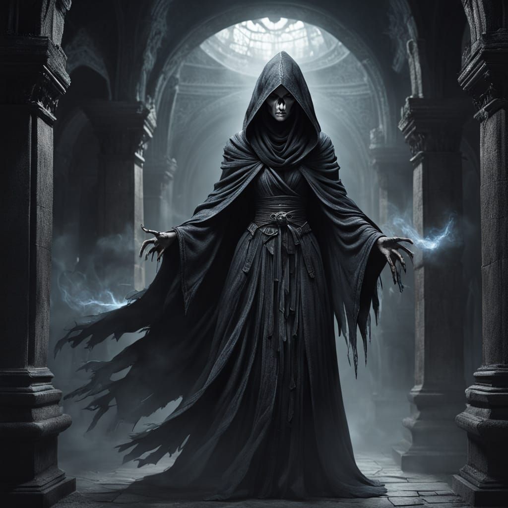 Mysterious Grim Reaper Dances in Dimly Lit Catacomb