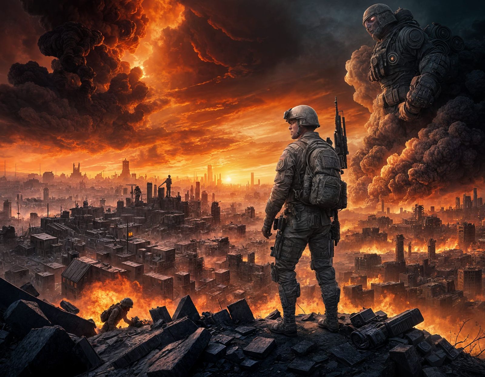 Wounded Future Soldier Overlooks Ruined City