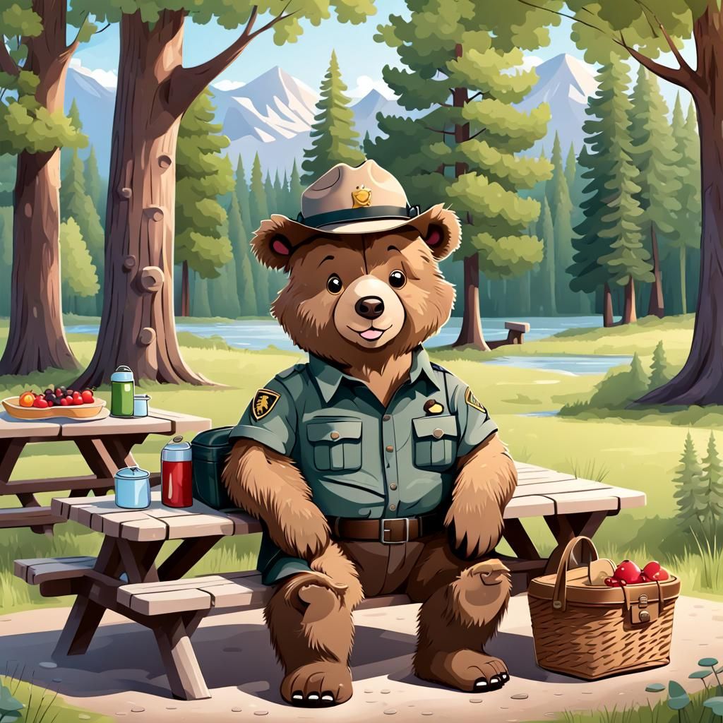 Cartoon Bear as Park Ranger in National Park