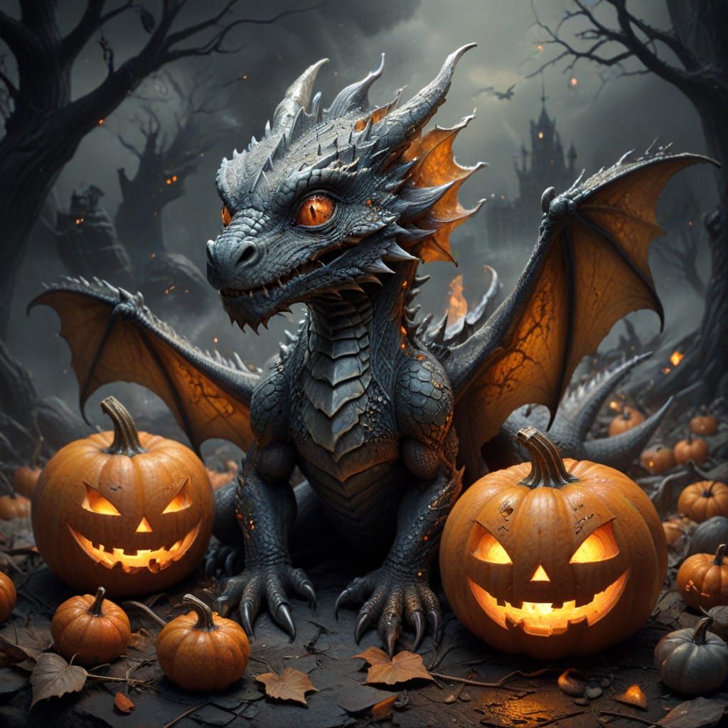 Baby Dragon Emerging From Halloween Pumpkins, Graphite Sketc...