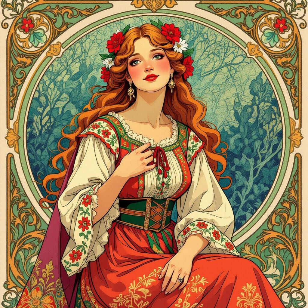 Lulček in Folkloric Attire: Art Nouveau Illustration