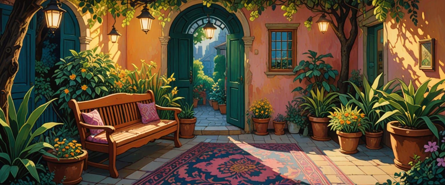 Garden Oasis in Naive Folk Art Style