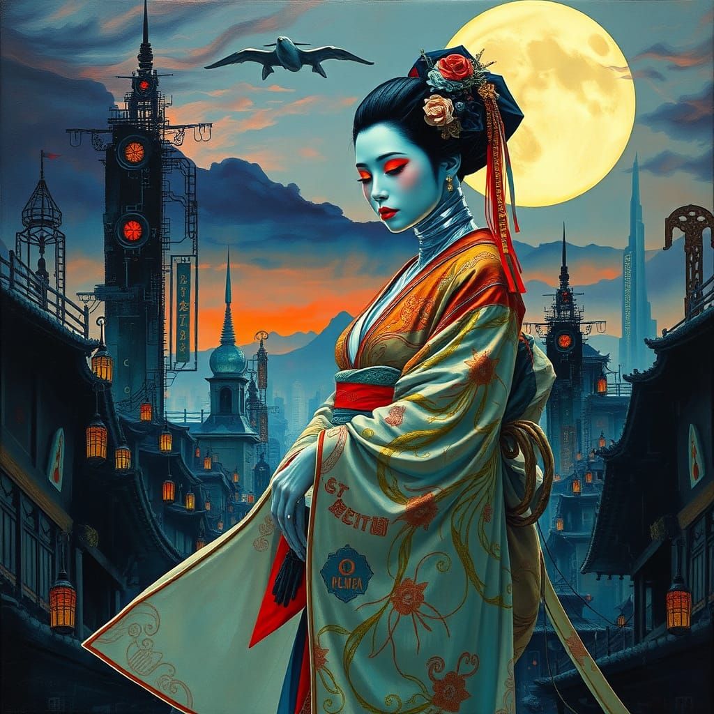 Cyborg Geisha in Cyberpunk Cityscape as Impasto Painting