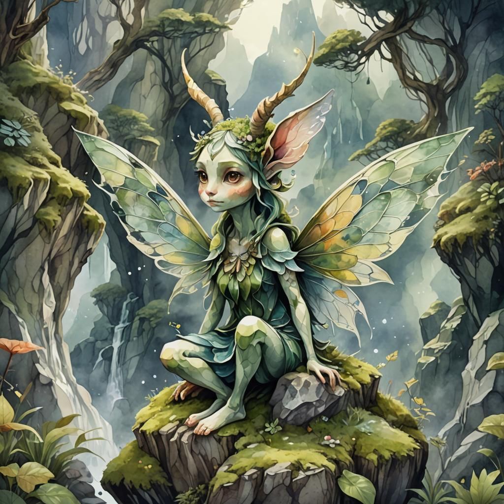 Fairy in Mountain Landscape as Watercolor Art