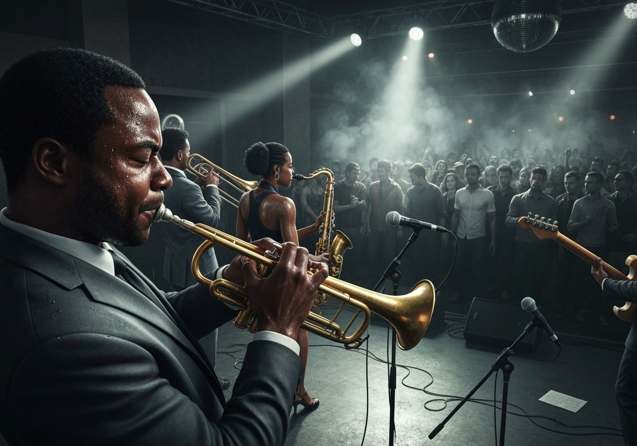 Sweaty Musicians Play Funky Music in Noir Club