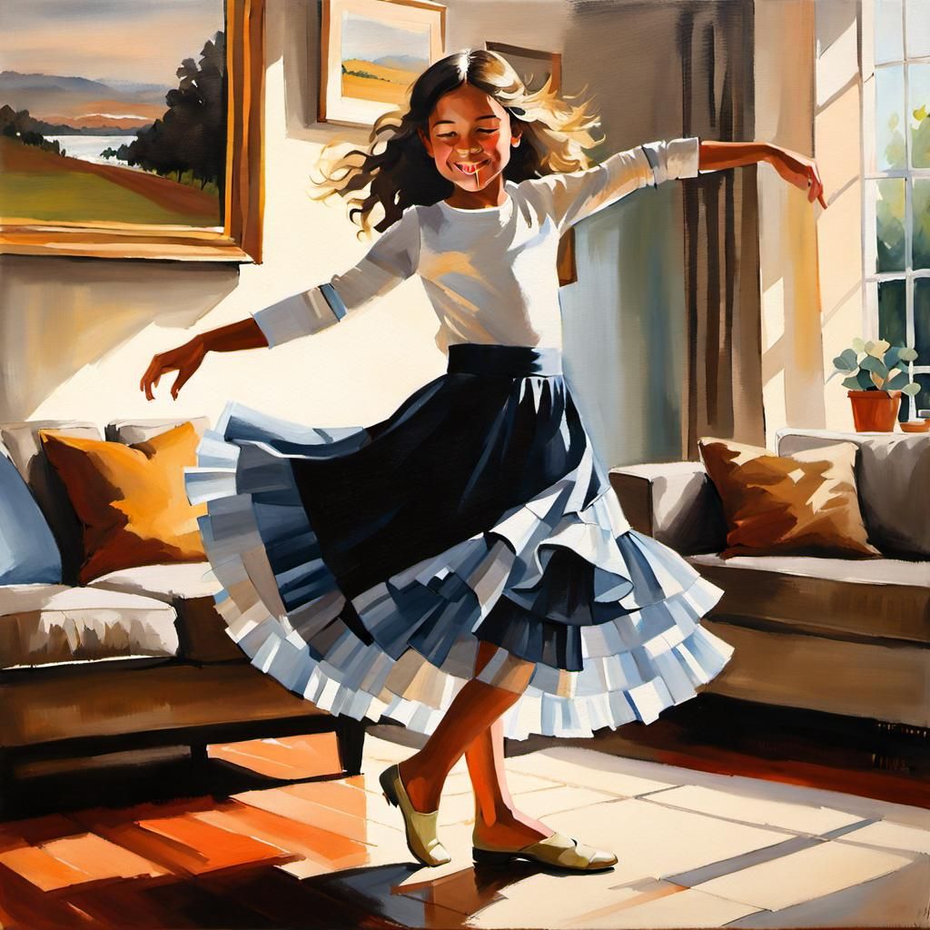 Girl Dancing in Cozy Living Room: Oil Painting