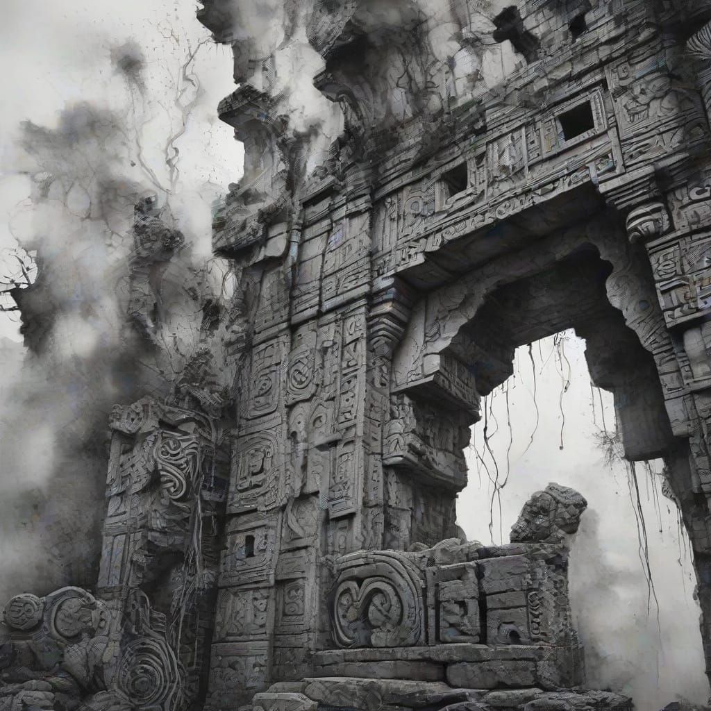 Ethereal Mayan Ruins in Abstract Watercolor