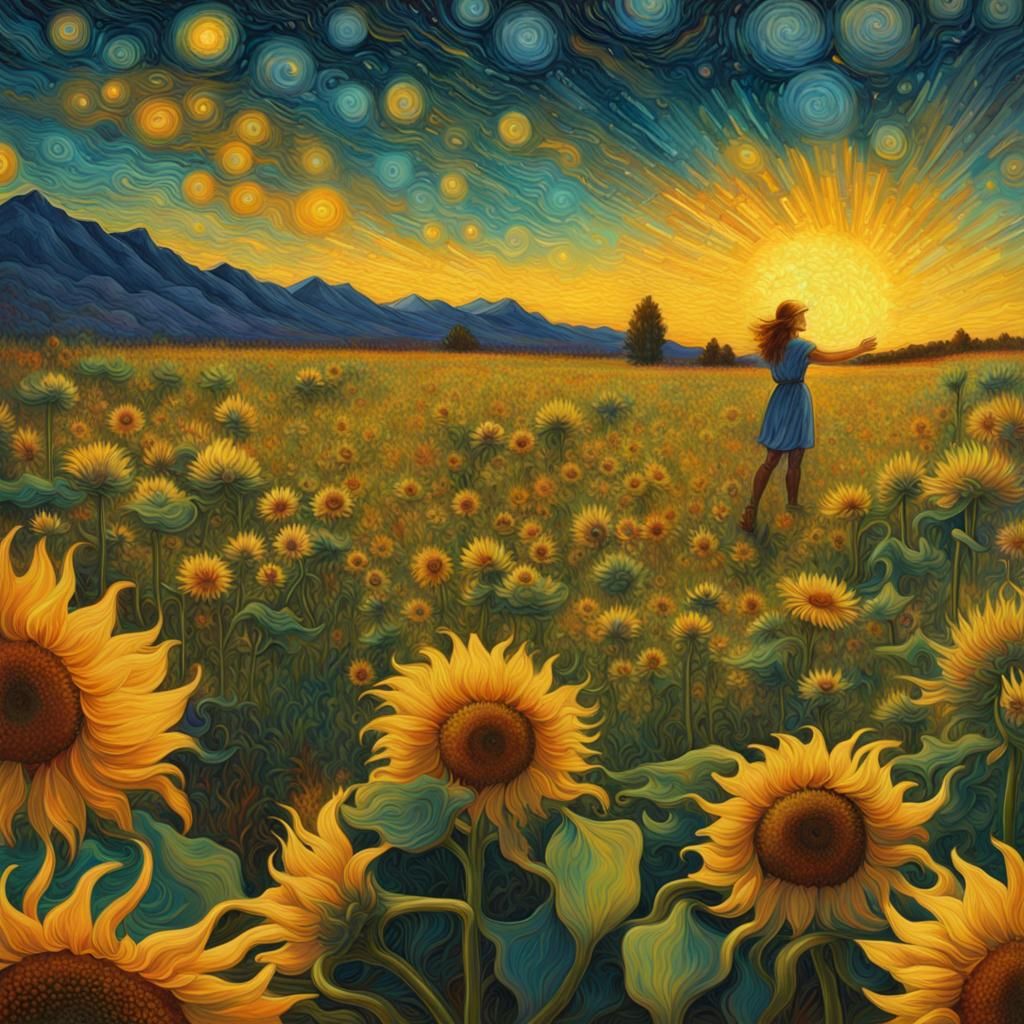 Holographic Sunflowers and Cosmic Warrior in Impressionist S...
