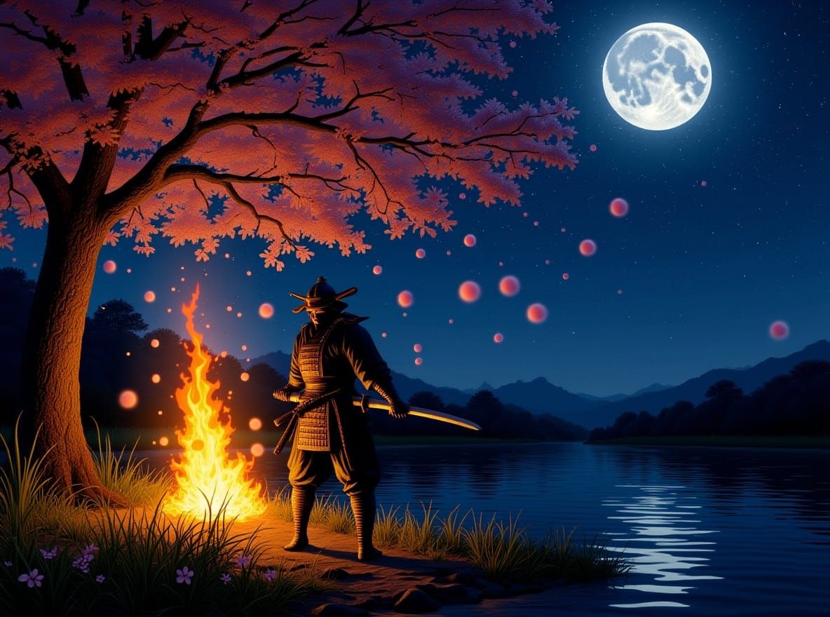 Samurai Warrior Under Cherry Blossoms in Moonlight