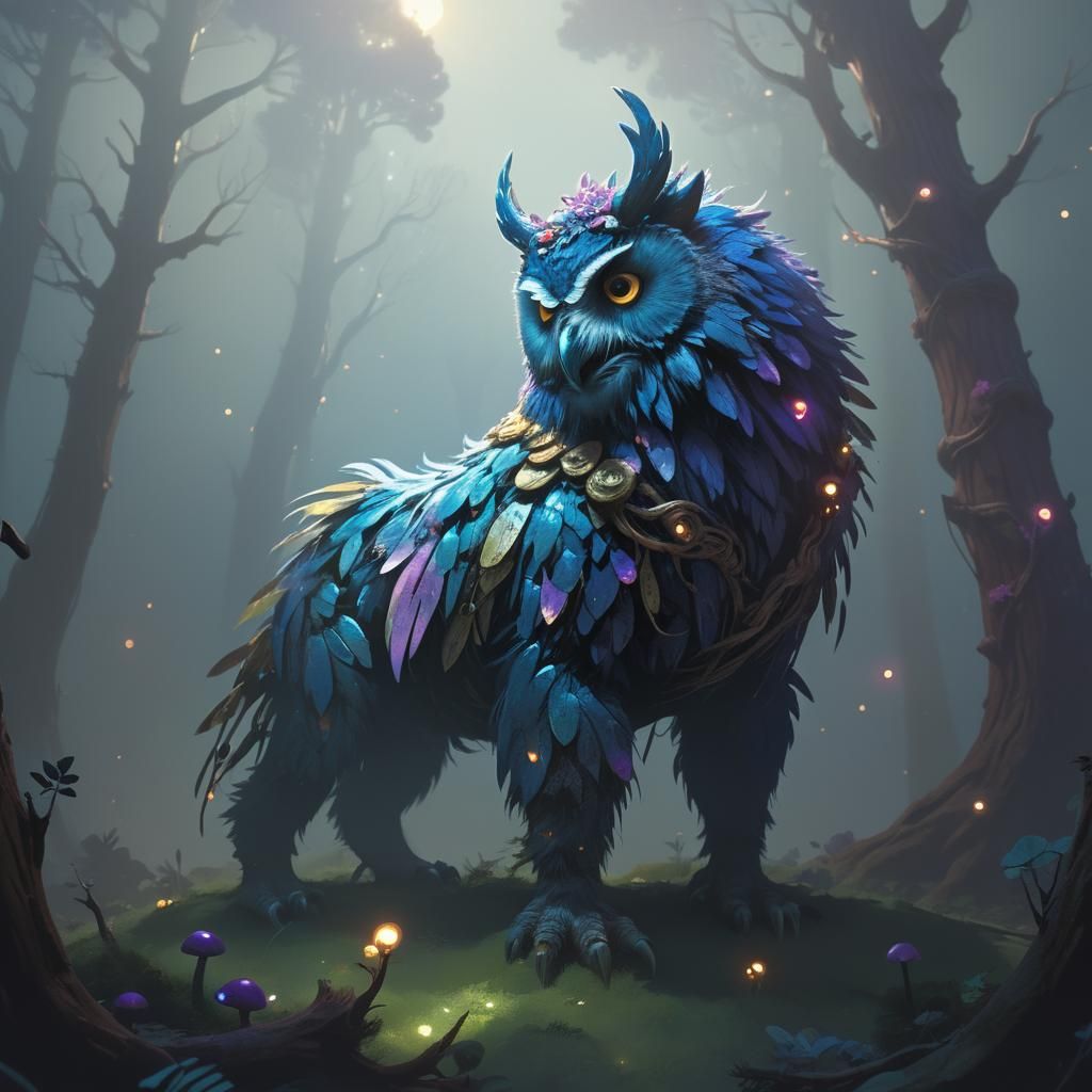Owlbear in Mystical Forest, Fantasy Art