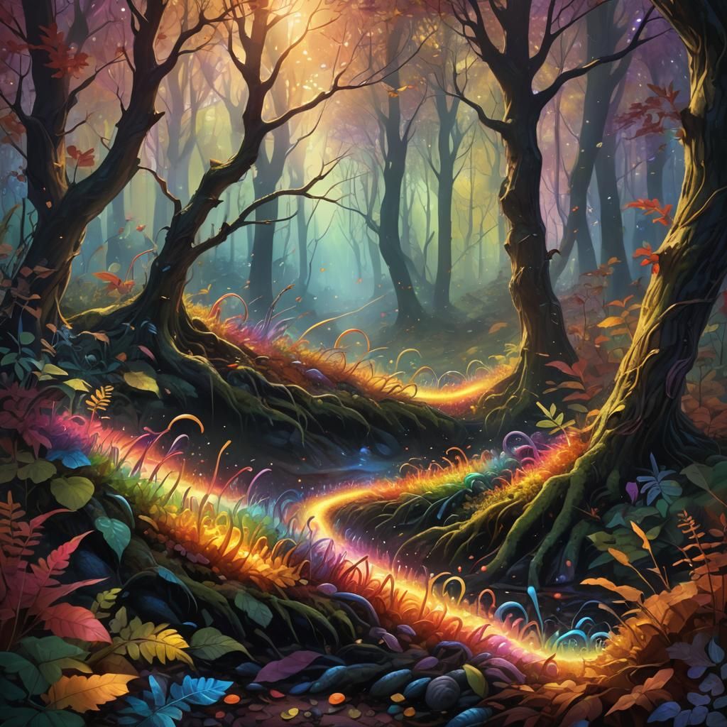Rainbow Worms in Iridescent Forest: Fantasy Concept Art