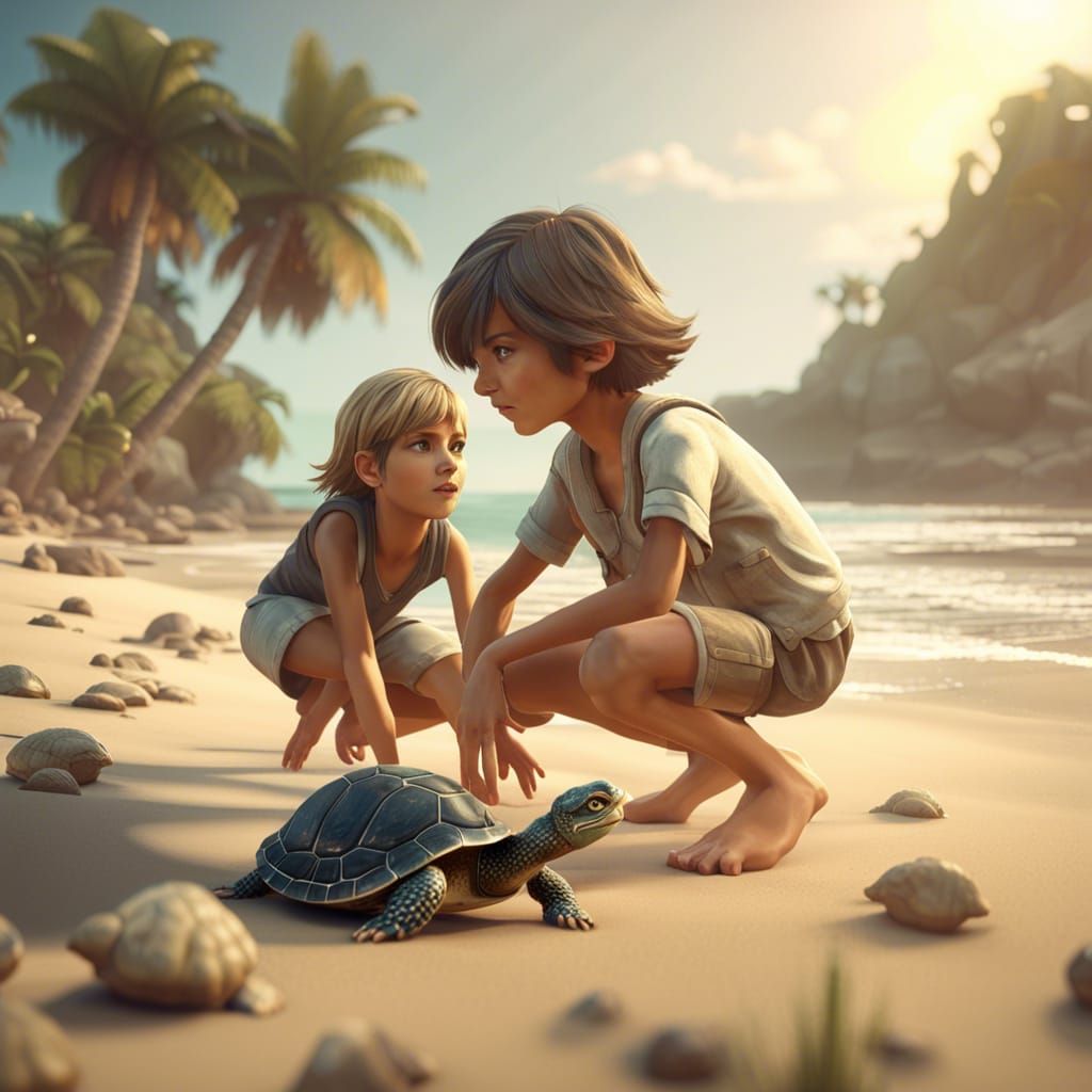 Children Playing with Turtle on Beach, 3D Render