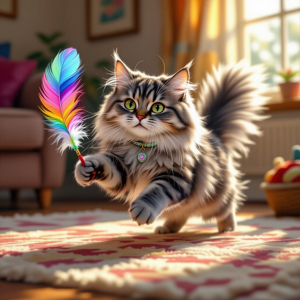 Hyperrealistic Fluffy Cat Playing with Feather Toy