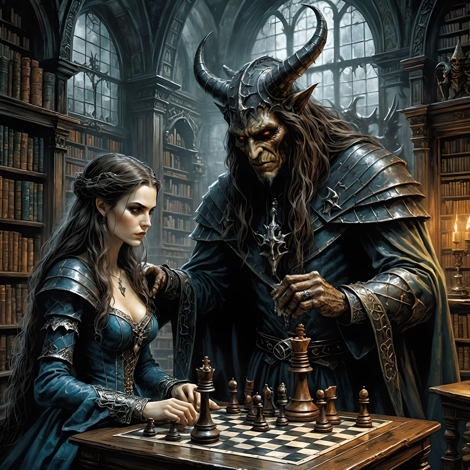 Wizard Plays Chess with Demon: Comic Book Illustration
