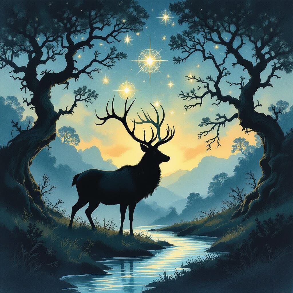 Majestic Stag with Celestial Antlers in Dark Fantasy Style
