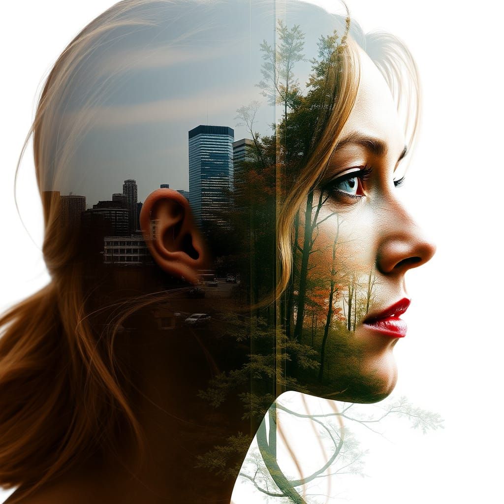 Double Exposure Portrait of a Woman in the City