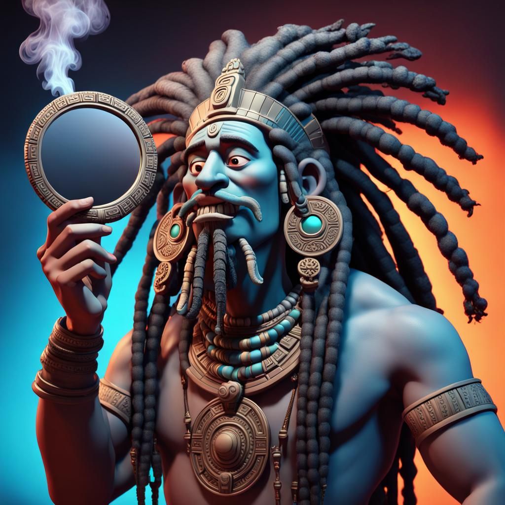 Mayan God with Obsidian Mirror, 3D Digital Art