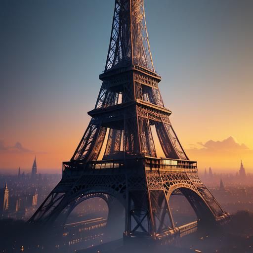 Eiffel Tower in Fantasy Metropolis: Watercolor Oil Painting