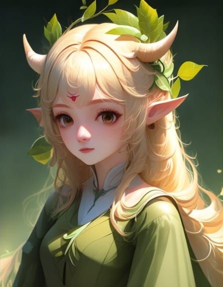 Blond Elf Girl with Horns: Detailed Anime Art